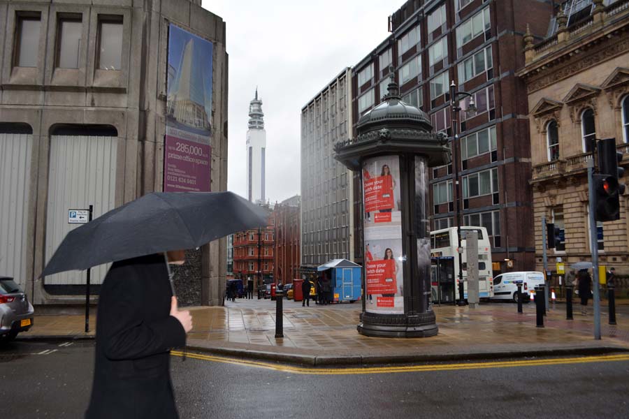 Looking at the Post Office tower, Colmore Row.