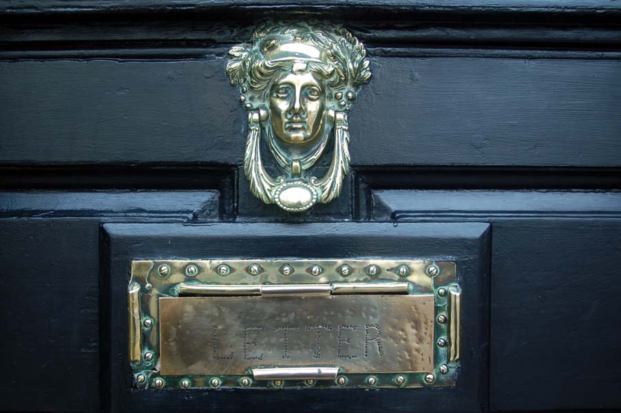 Letter box and  door knocker, tea rooms, Lichfield.